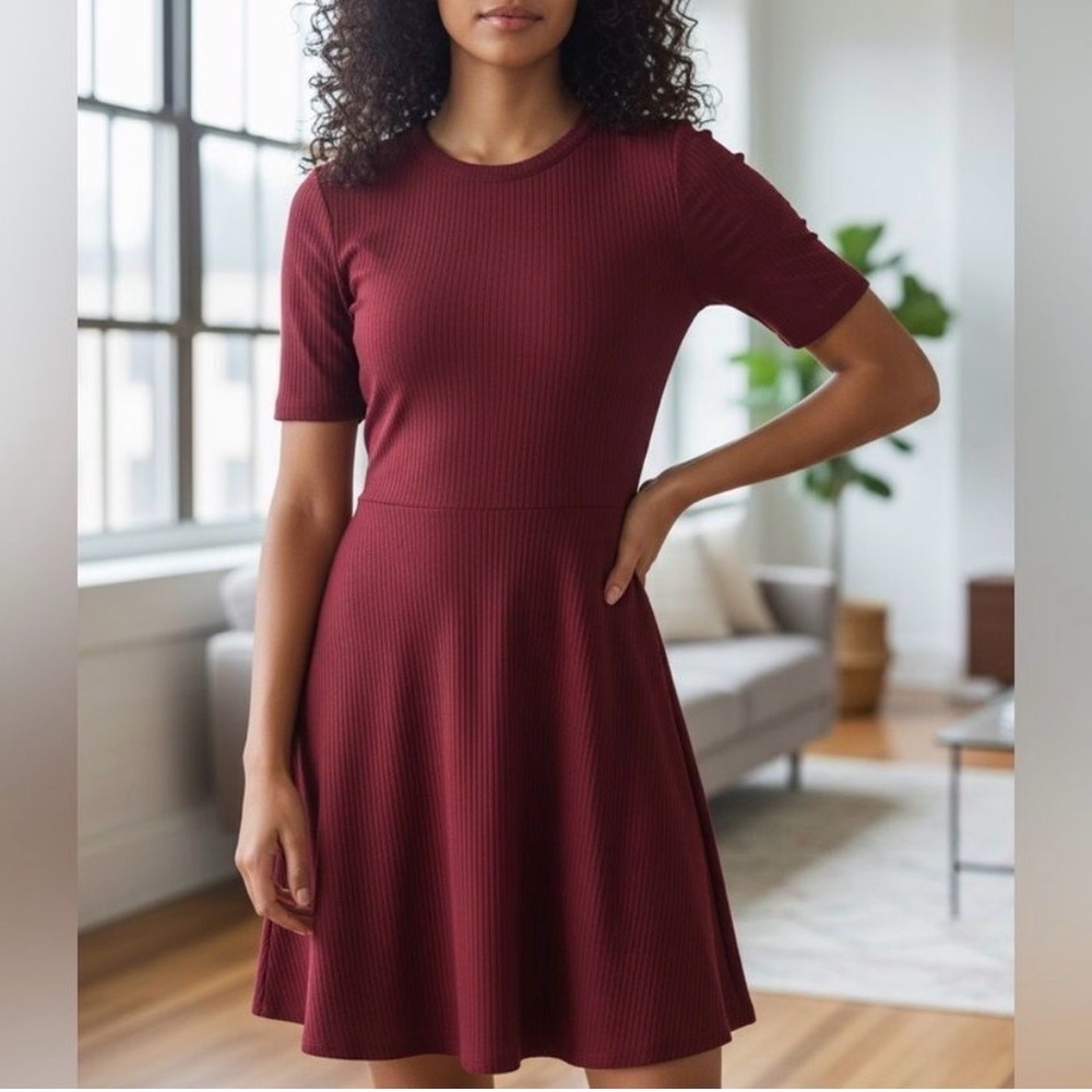 F21 burgundy ribbed skater dress